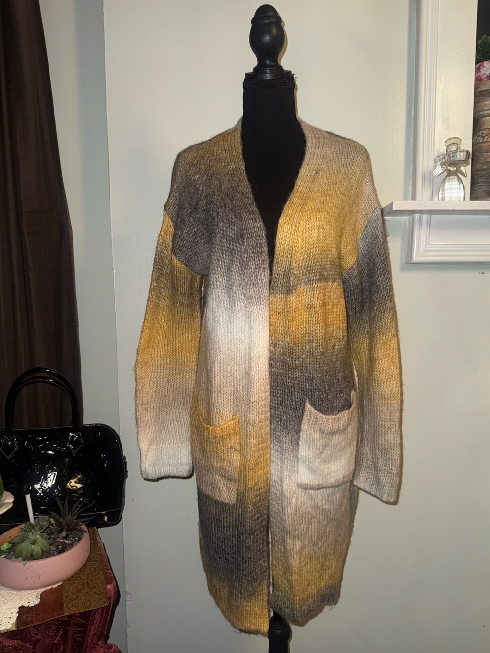 Cozy Casual Yellow Gray Ombre Open-Front Pocket Cardigan